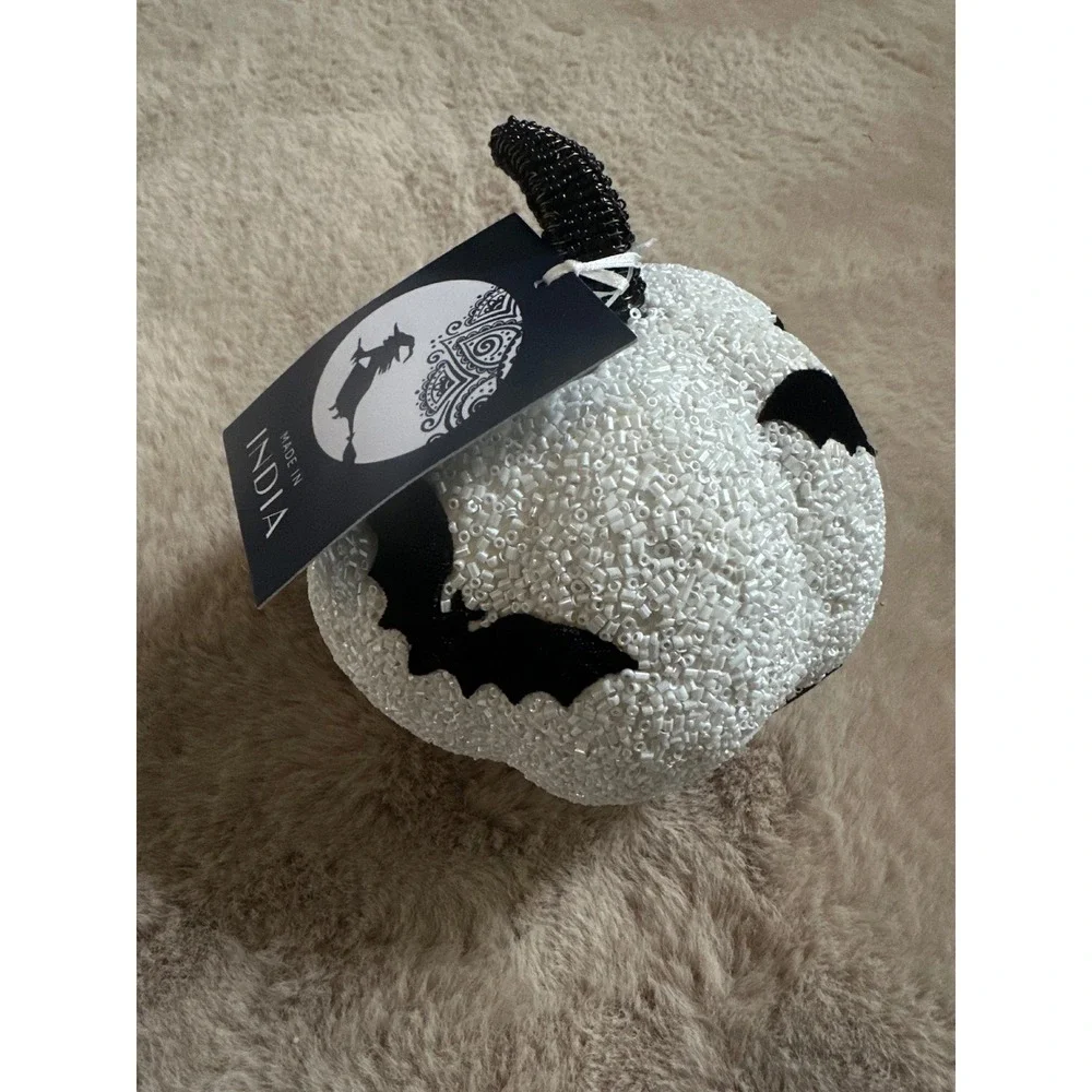 Beaded Halloween Pumpkin Decor White Black Bats Gothic Fall Tabletop Accent NEW